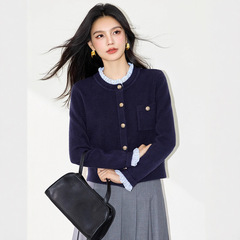 藏青色假两件木耳领针织衫女2025秋季学院风减龄开衫毛衣短款外套
