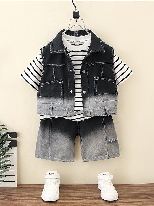 7380 traje de camisa de manga corta de tres piezas de mezclilla de verano para niños 2025 nuevo vestido de verano para bebés ropa de estilo occidental image 1