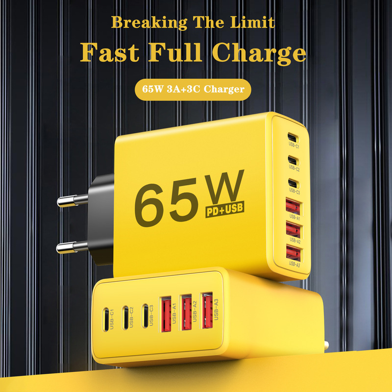 Pd Charger 65W Multi-Function Fast Charging 3A Three-C Charging Head Multi-Port 3Usb+3Type-C European, American and British Standard Charging