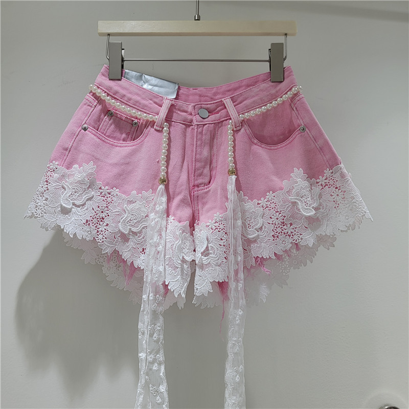 Pantalones Cortos de Mezclilla con Bordado y Encaje Incluye Cinturón para Mujer