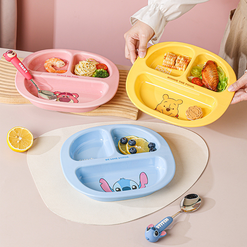 Disney Pooh Stitch Ceramic Baby Ensalada linda para niños Té de la tarde Disco reductor de grasa Disco de tres comparticiones