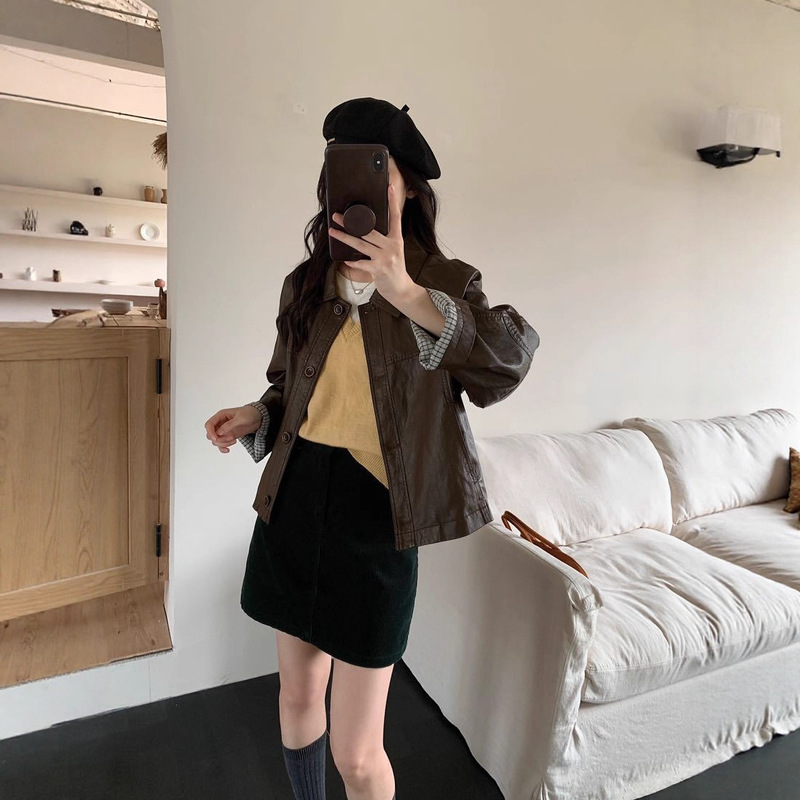 秋季复古高级感圆领皮衣外套宽松休闲夹克小个子短上衣女|undefined