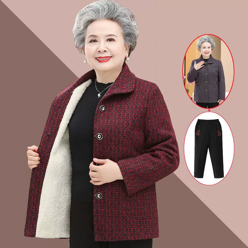 Весенне-осеннее пальто для бабушки, женский костюм, костюм 60 лет, 7080 лет, на флисовой подкладке, утолщенная Женская осенне-зимняя старая одежда для женщин среднего и пожилого возраста