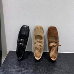 法式方头绒面玛丽珍鞋女2025新款秋季一字扣带浅口拼接舒适单鞋女