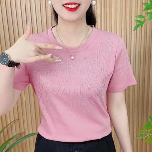 [Original Color Diamond] Mom's Round Neck Fashionable Hot Diamond Shirt Fashionable Summer Short-Sleeved T-Shirt for Age Reduction and Versatile