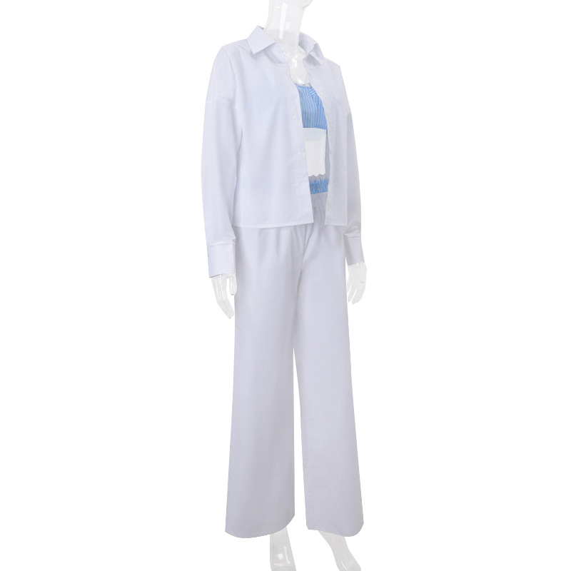 Fall Women Casual Sexy Three-Piece Suit Solid Color Inner Wear Long Sleeve Shirt Wide Leg Pants