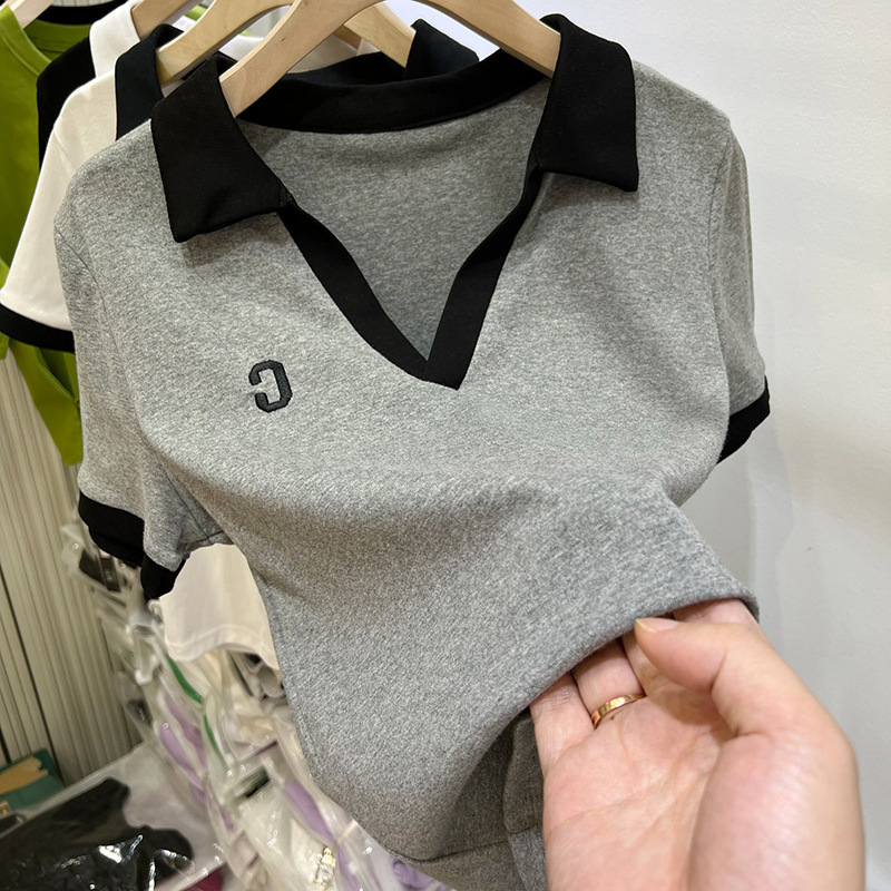 Plus Size Women's Polo Shirt Right Shoulder Short-Sleeved T-Shirt 2025 Summer New Fat mm Cover Belly Slimming Look V-Neck Top