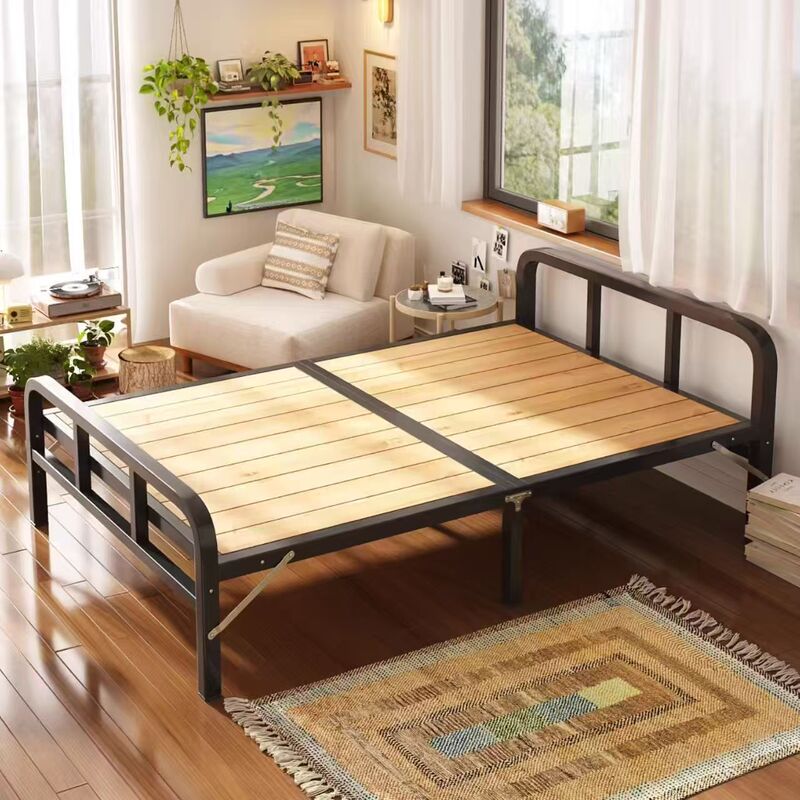 Steel-Wood Folding Single Bed for Home Use, Adult Nap Time, Simple Double Folding Bed, Iron Frame Bed for Dormitory Rental Room 1.2m