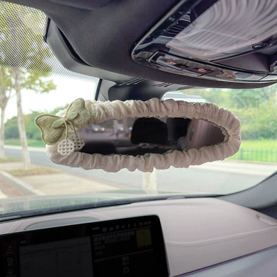 Reversing Mirror Protective Cover Universal — Sürətlər qutusu və əl tormozu başlıqları - puff-rearview-mirror-cover-green-fabric-bow