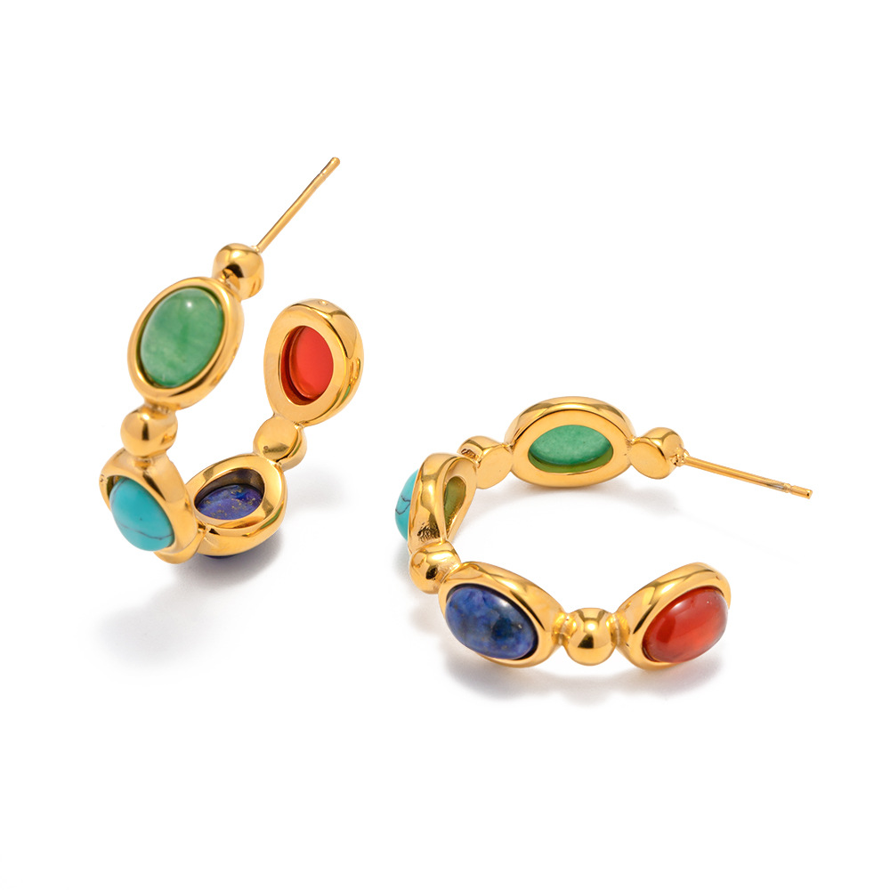 Europeo y americano ins Internet Celebrity 18K chapado en oro de acero inoxidable con incrustaciones de piedra natural en forma de C pendientes de acero inoxidable de moda pendientes de todos los partidos