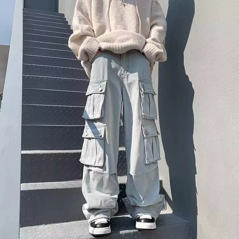 Мужская рабочая одежда, джинсы, осенние стильные уличные брюки с большими карманами, свободные прямые повседневные брюки