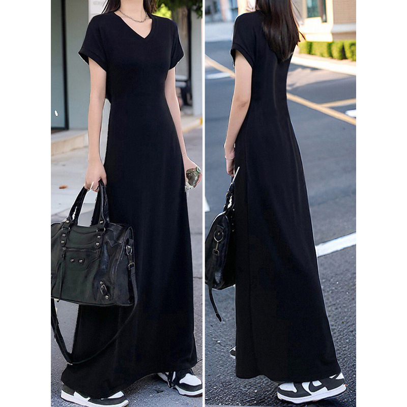 60207 # Extra Long Ankle-Length Short-Sleeved Dress Autumn V Neck Black Slim Slim Long Skirt Large Size 60207 # Extra Long Ankle-Length Short-Sleeved Dress Autumn V Neck Black Slim Slim Long Skirt Large Size
