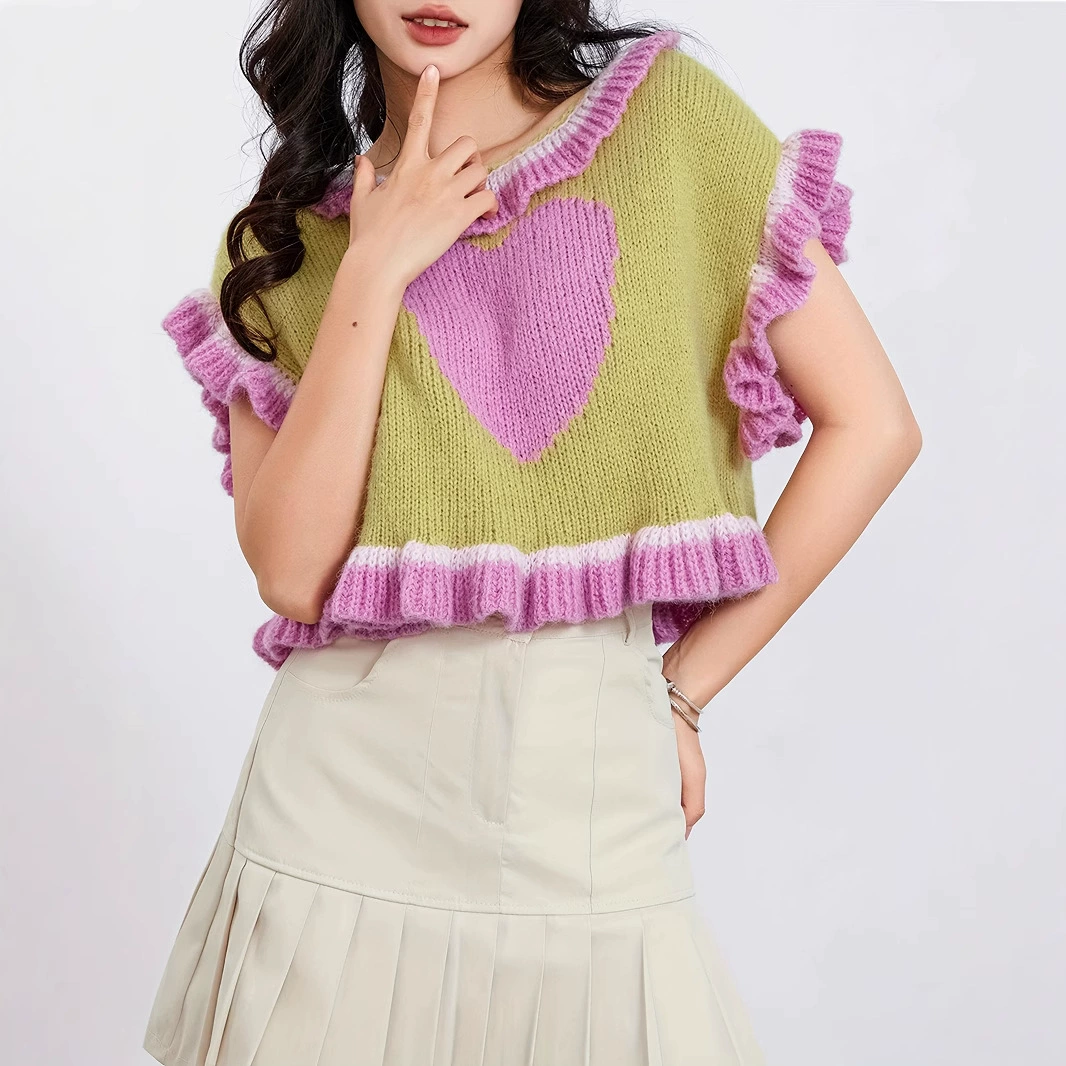 Женский вязаный жилет без рукавов с рюшами и узором в форме сердца, эластичный свободный свитер, обработка и индивидуальный пошив Dongguan Dalang