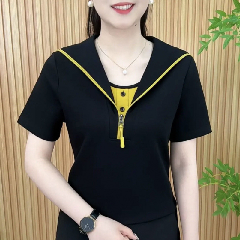 Women's Navy Collar Summer Short-Sleeved T-Shirt Zipper Large Size Loose Mother's Shirt Women's Slim Polo Shirt Top