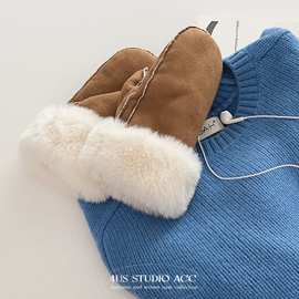 超暖栗子色秋冬手套户外骑行北方滑雪防风羊羔毛绒仿麂皮保暖手套