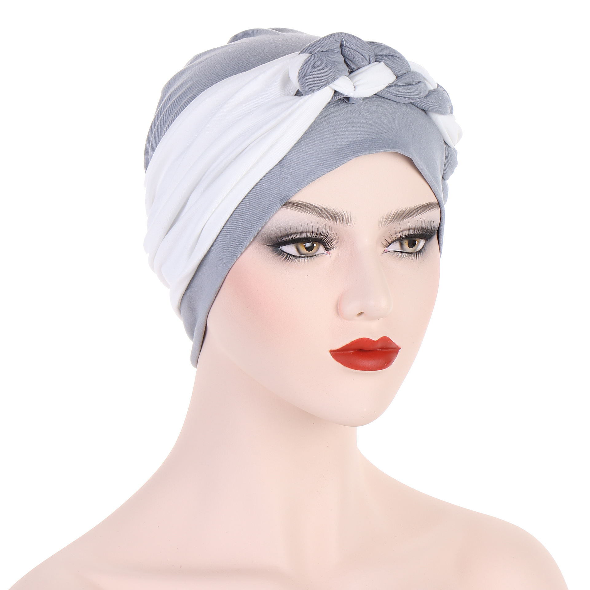 new color-blocked side braid soft turban cap Muslim chemotherapy cap cross-border pullover cap Baotou cap_voghion.com