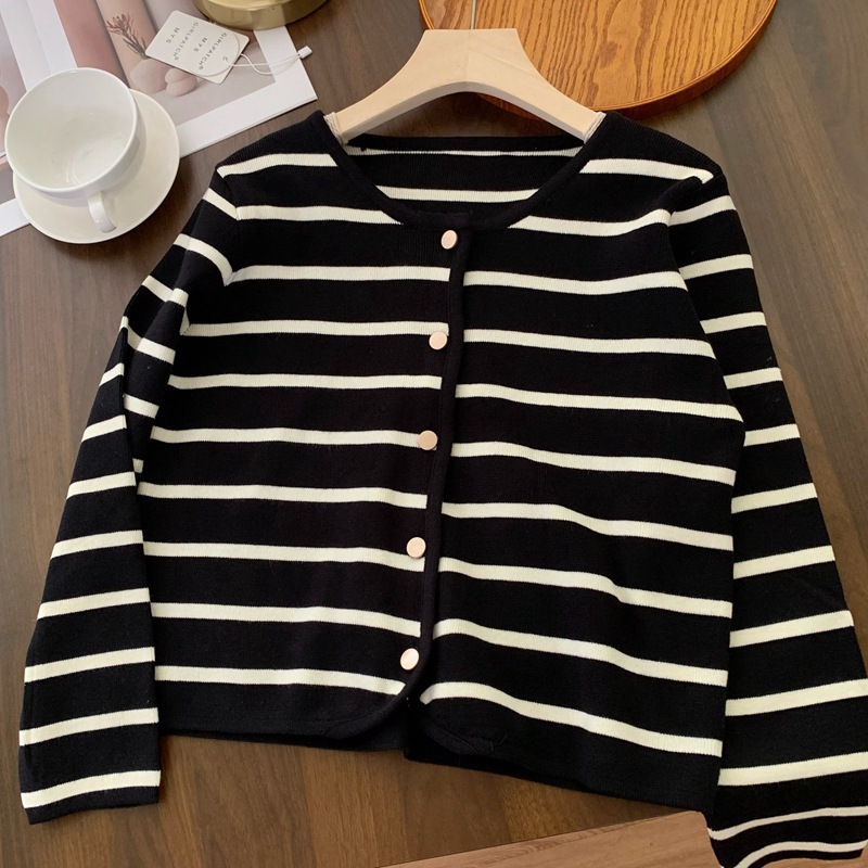 French Retro Chanel Striped Soft Waxy Loose Lazy Style High-grade Knitted Cardigan Sweater Women's Coat Top