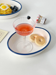 BB4C批發穆尼ins韓式簡約藍邊橢圓盤陶瓷8寸沙拉意面盤咖喱飯