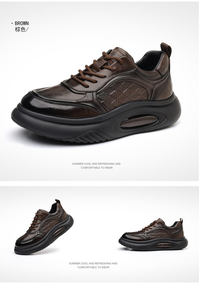 Giày thể thao nam da bò thật đế dày tăng chiều cao, giày sneaker nhẹ thoáng khí gót 3–5 cm — màu nâu, màu đen chi tiết 20