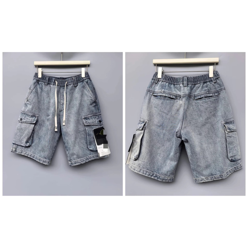 Cross-Border Stone Vintage Multi-Pocket Denim Shorts Summer Loose Drawstring Straight-Leg Knee-Length Jeans Ius