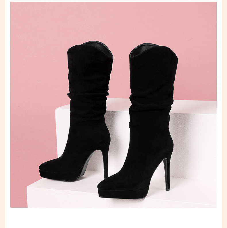 Boot nữ cổ cao da cừu thật chống nước, mũi nhọn kiểu Pháp, gót platform 10 cm — Kaki đơn li 10cm chi tiết 5