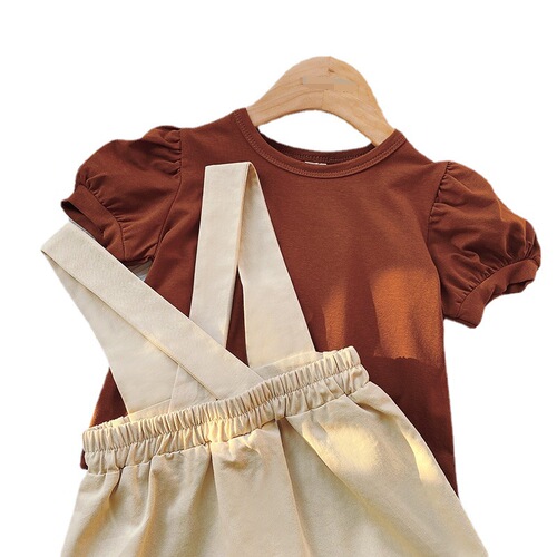 2024 Korean Summer Set for Girls - Short Sleeve Baby Girl with Bubble Sleeve T-shirt and Belted Skirt - Fashion Two-Piece Set - Cotton