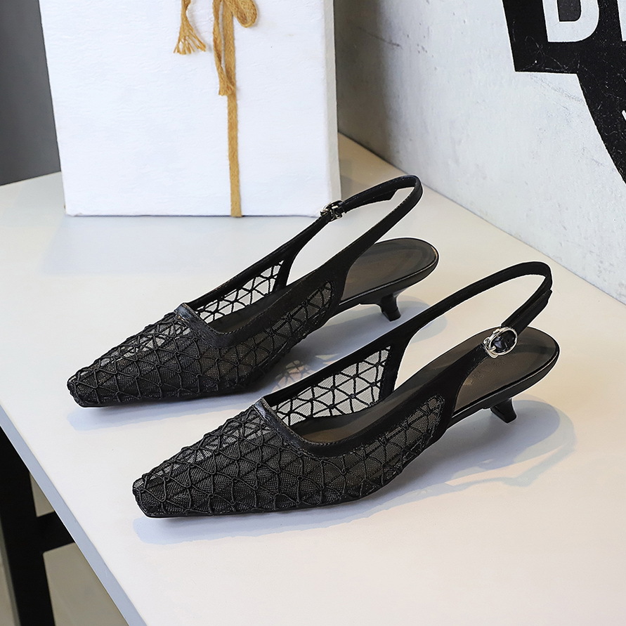 5131 European And American Style Banquet Fashion Elegant Pointed Toe Low Heel Mesh Breathable Hollow Back Strap Women's_vogvips.com