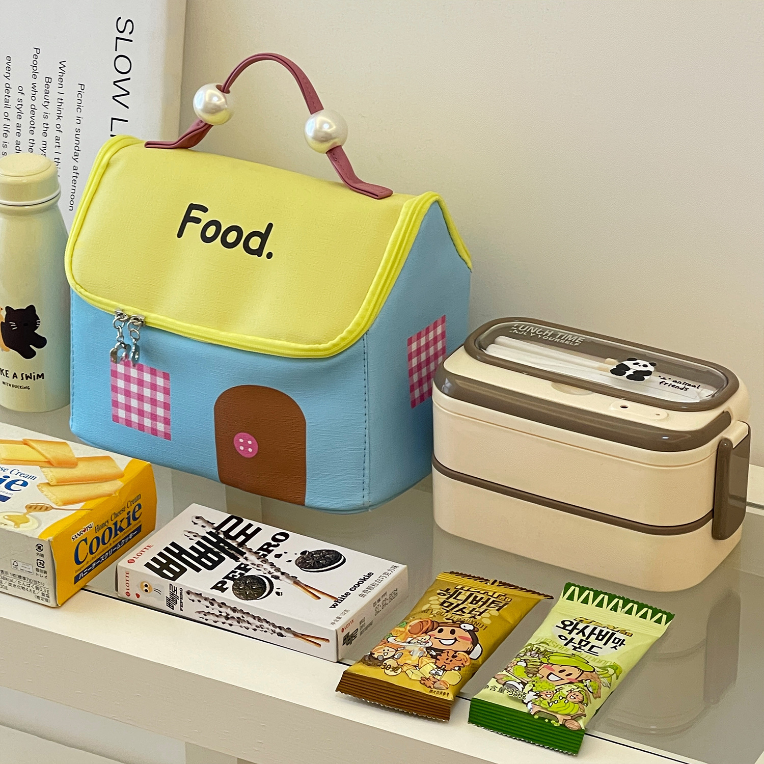 Linda bolsa bento con aislamiento de gran capacidad, simple bolsa de lonchera portátil multifuncional de dibujos animados, bolsa de almacenamiento de viaje al trabajo