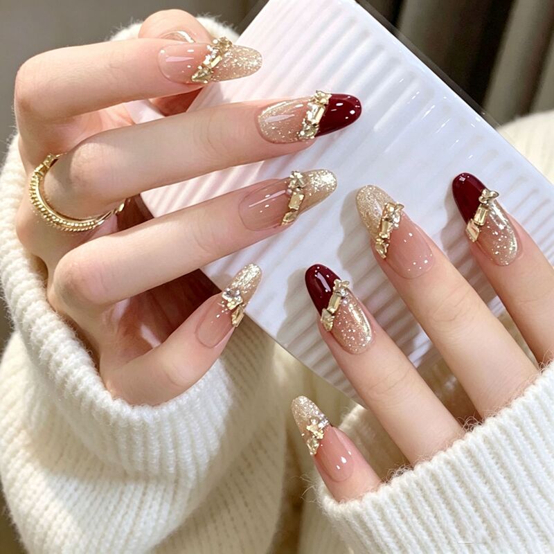 Cat-Eye Pure Handmade Wearable Nails Wholesale French Style High-End Red Medium-Length New Year Nail Art Fake Nail Tips