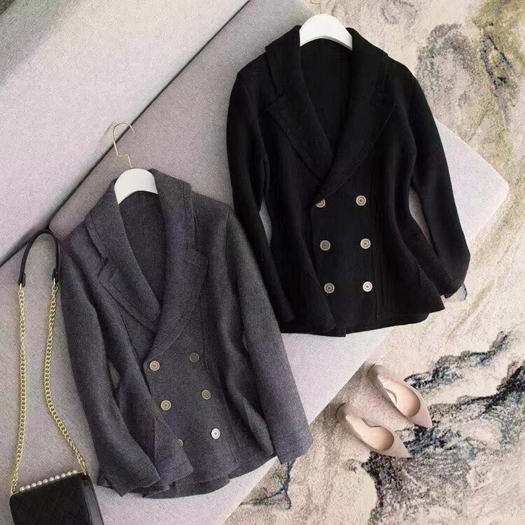 Women's European and American-style Double-breasted Slim-fit Wool Thickened Knitted Suit Jacket