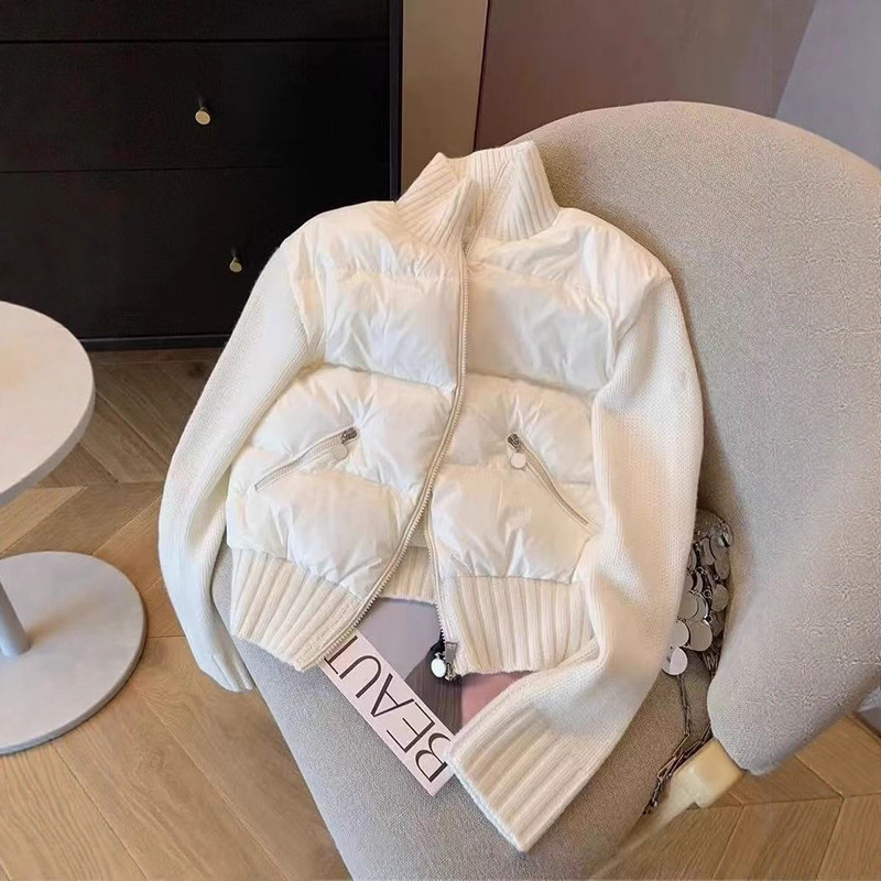 Mengjia High Version 25 Autumn/Winter Mengjia Cream Puff Knit Patchwork Sweater Sleeve Lightweight down Jacket for Women, Warm Outerwear