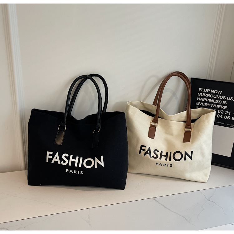 262g Weight Polyester Lining Material Open Closure Type Single Shoulder Strap Strap Type Tote Bag Bags Type Holiday, Daily Occasion Canvas Material Letter Pattern All Seasons Season Women's Gender Classic Style Style Square Shape Large Size Women's Large Canvas Letter Classic Style Square Open Tote Bag 2