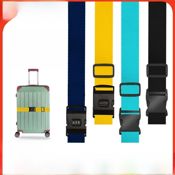 Cross-border polyester one-word luggage strap buckle password lock luggage strap solid color anti-theft suitcase packing strap rope