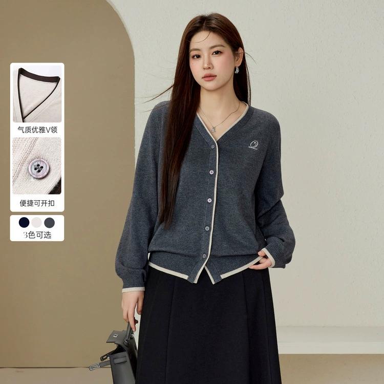 Сплошное шоу большого размера женская корейская нежная и уменьшая возраст, дикий тонкий V-образный кардиган свитер жирный mm2024 зимний новый