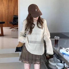 慵懒风镂空提花长袖针织衫女2025早秋新款超好看宽松毛衣罩衫上衣