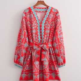 2025外贸跨境欧美女装长袖红色定位花连衣裙 6128