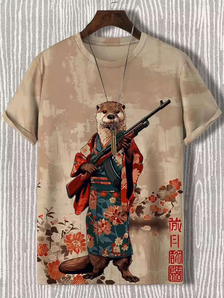 Tinta Jianghu Cat Dog Hero 3D Impresión digital Spot Moda callejera para hombres Camiseta de manga corta con cuello redondo y hombro