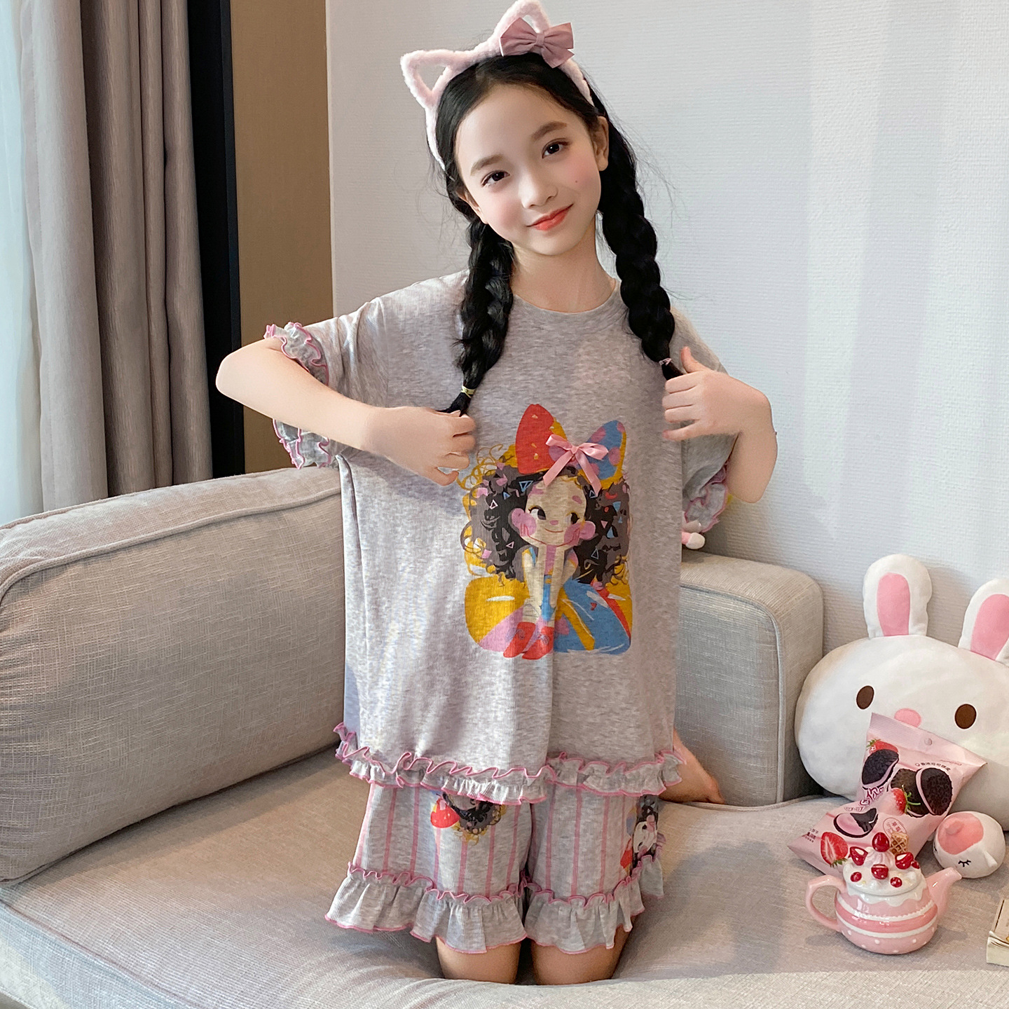 Pijamas de niñas para niños de verano modelo ultra delgado de manga corta 2026 nuevo estilo de verano de ropa de casa para niños mayores