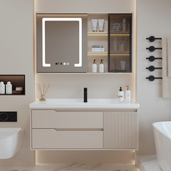 Cream-style modern minimalist rubberwood high-gloss finish bathroom cabinet with integrated ceramic sink and washbasin, perfect for bathroom vanities.