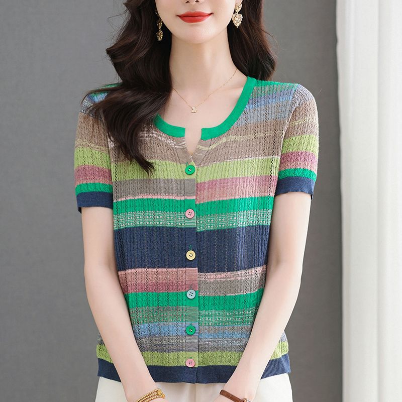 Hong 3626 Summer New Rainbow Stripesd Knitwear, Fashionable Knitted Short-Sleeved Top, T-Shirt, Cardigan Outer Wear
