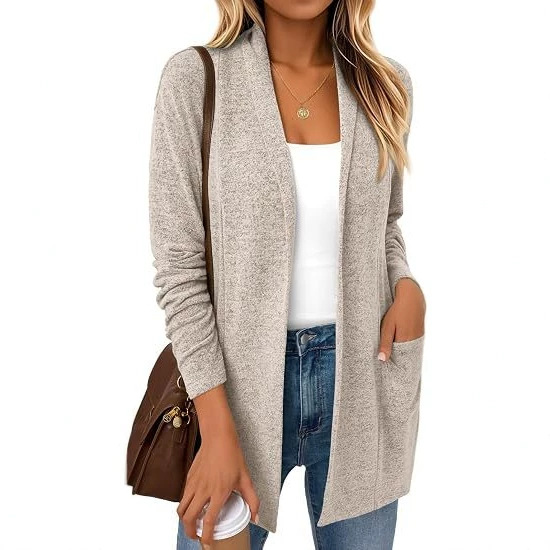 European and American Cross-Border New Autumn Arrivals Solid Color Long-Sleeve Lightweight Cardigan with Pockets Business Casual Jacket for Women