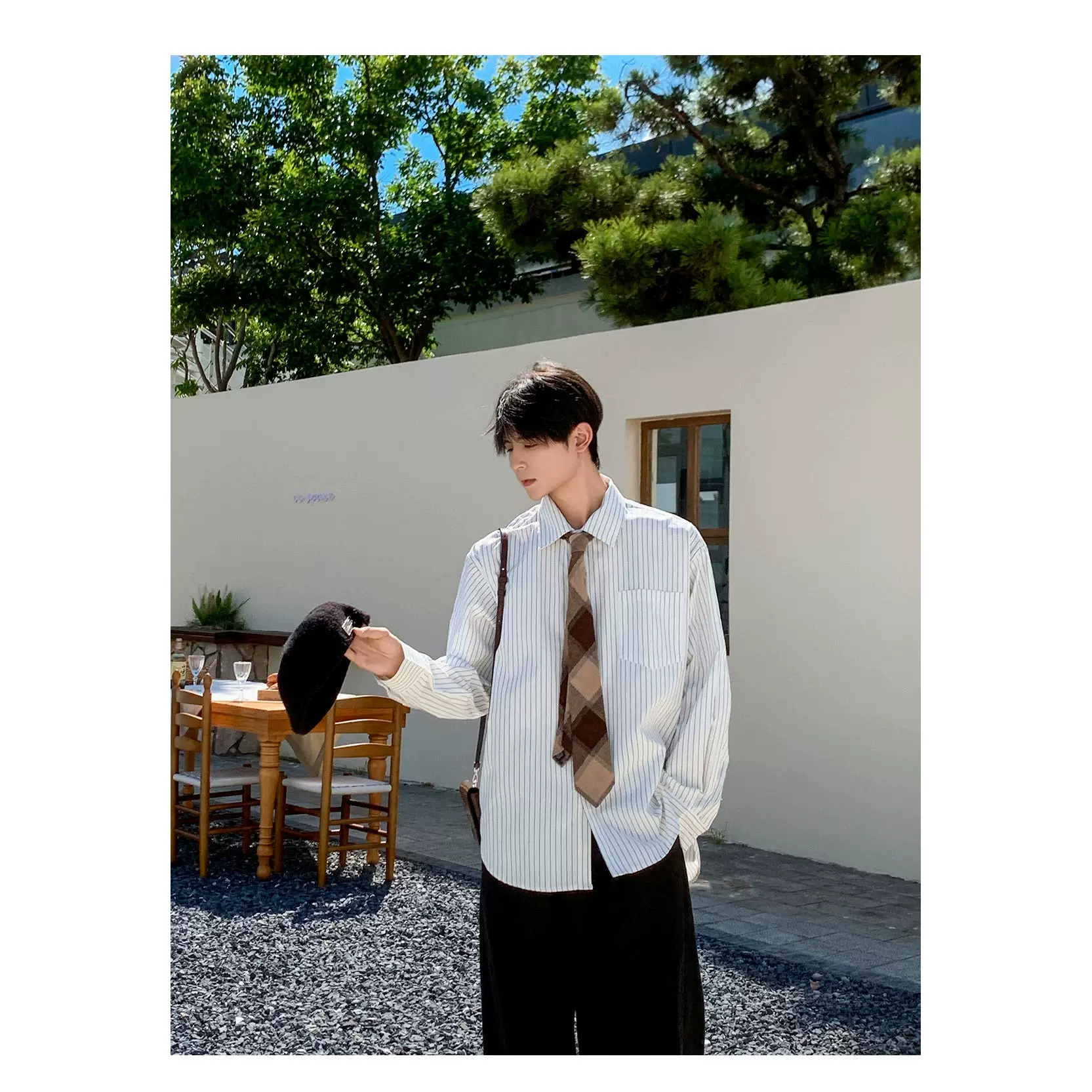 韩风高级感免烫抗皱优雅竖条纹衬衫男春夏季宽松长袖白色衬衫外套