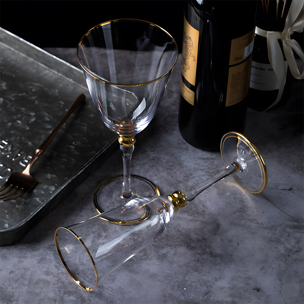 Jin Baijia creativo cristal rojo vino vidrio artificial soplado borde dorado doble cuentas champán vidrio boda mesa de traje de alta gama