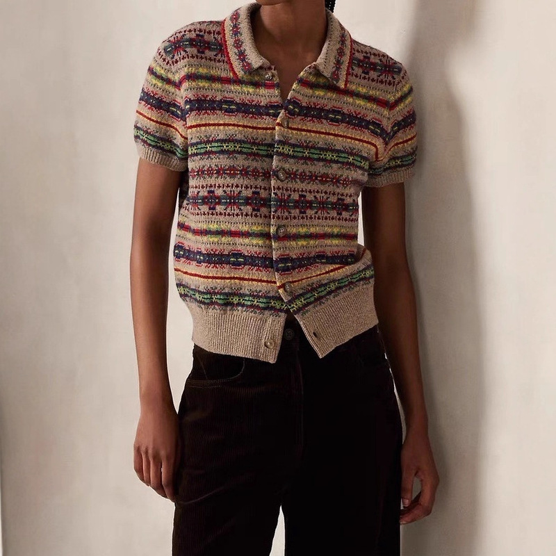[in Stock] Ralph/Rl Fair Isle Vintage Colorful Jacquard Lapel Short-Sleeve Knit Cardigan Top