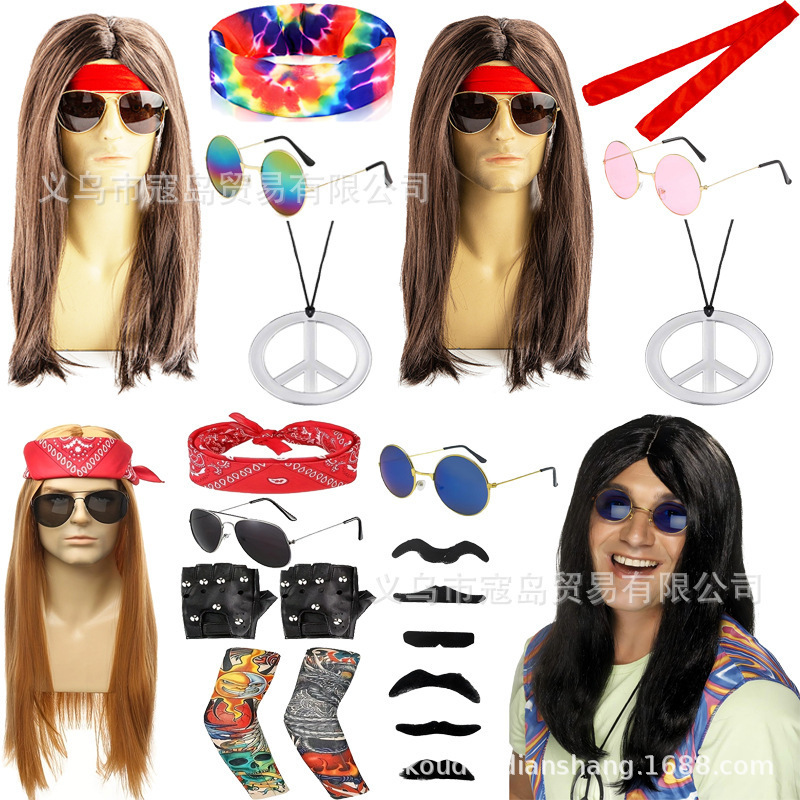 Xiyin Temu Hot-Selling Halloween 80S Disco 90S Punk Heavy Metal Long Straight Hair Rock Wig Set