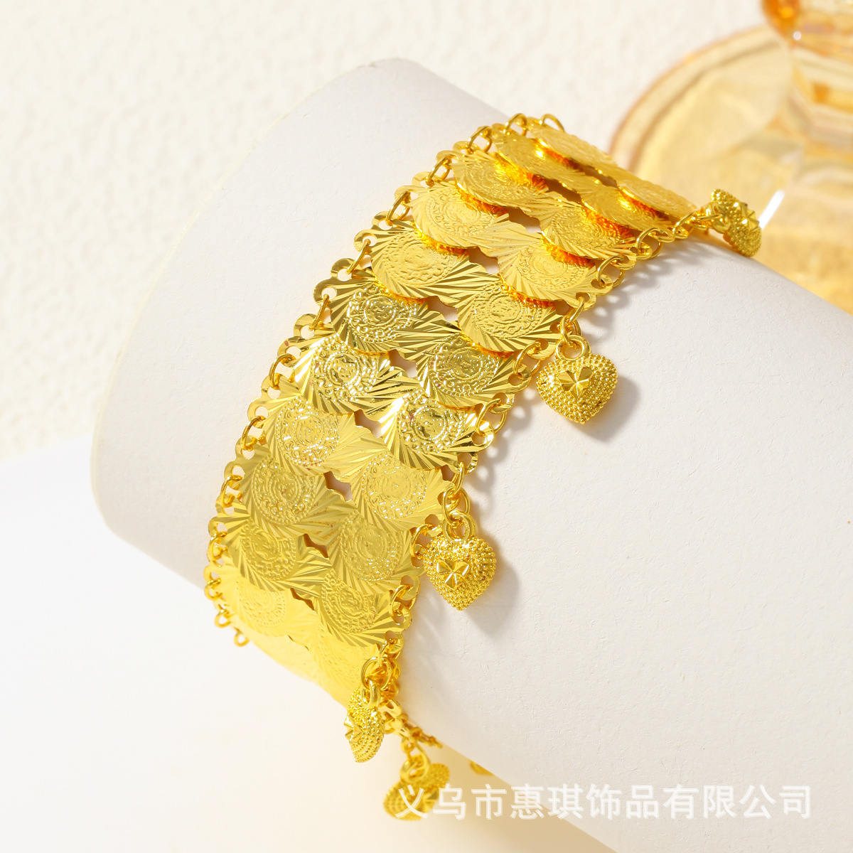 复古铜镀金双排圆币心形吊坠链条手链女士饰品婚礼手链