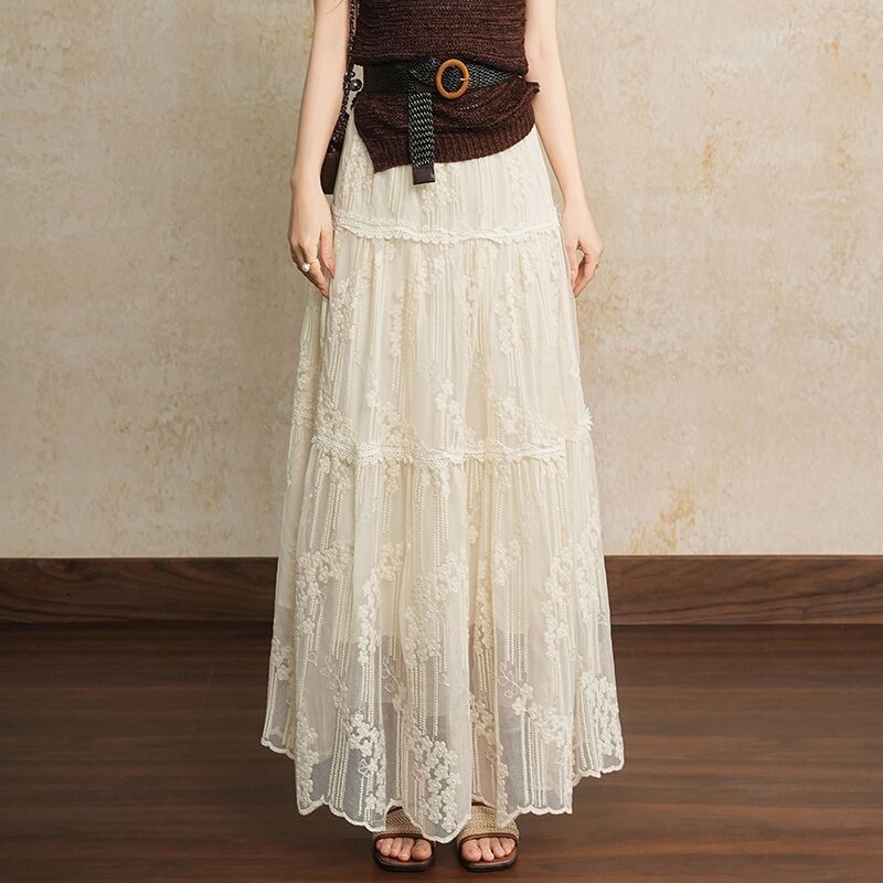 French-style lace embroidered patchwork long skirt for women, new spring-summer high-waisted drapey fairy skirt, A-line tiered skirt