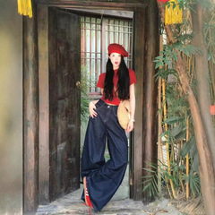 夏季新款美式辣妹复古阔腿牛仔裤女高腰宽松慵懒垂感拖地长裤