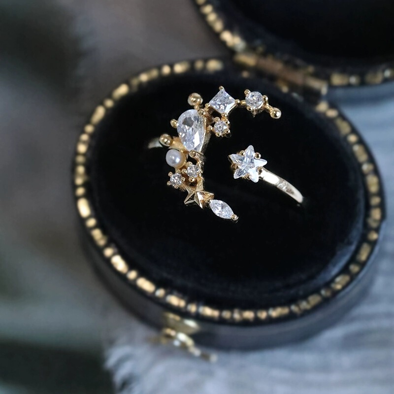 New Moon and Sixpence Light Luxury Fairy Style Special-Shaped Zircon Star and Moon High-Level Simple Open Ring for Women