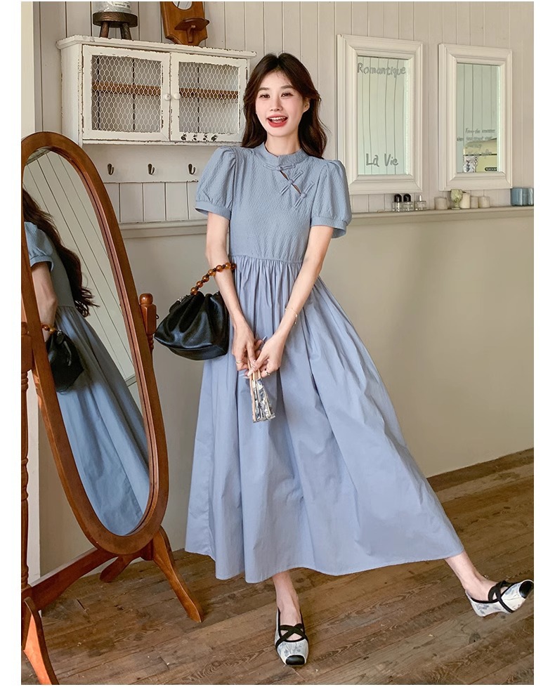 Blue Chinese Style For Women, Summer 2025 New Model, Improved Cheongsam, Elegant And Slimming Long A-line Dress_ecoleips.com